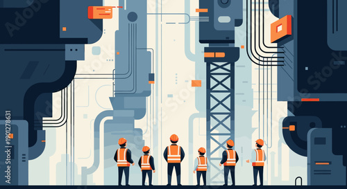 Construction workers observe large industrial machinery and complex infrastructure, standing beneath towering structures at a modern site.