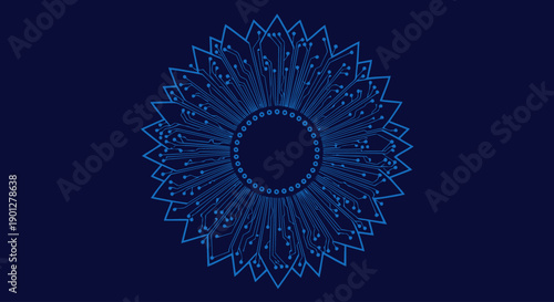Circular abstract pattern resembling a flower with PCB trace elements in blue