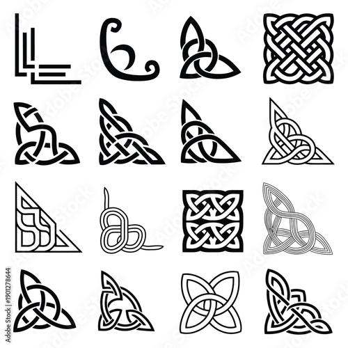 Irish Celtic corner ornaments collection, braided knot frame patterns, classic heritage decorative elements for cards, invitations and certificates, symmetrical flourishes, clean detailed vector