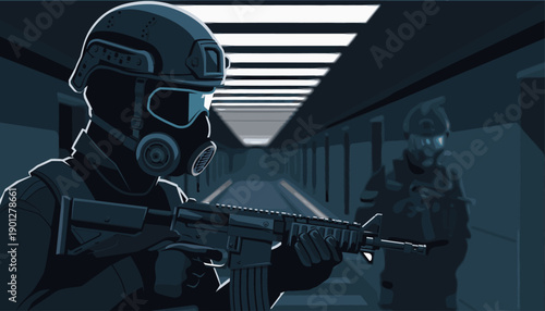 Soldier in tactical gear wearing gas mask holding rifle stands alert in a dark, illuminated underground corridor with another figure in the distance.