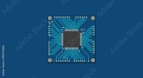 Flat design of a square PCB with a central chip and blue circuit traces on a solid blue background