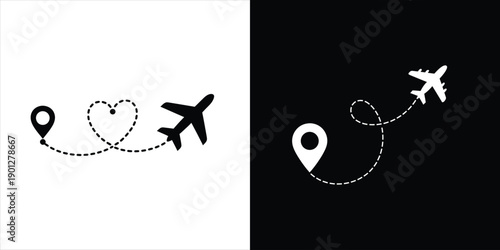 Airplane flight route with heart and map pointer icon, minimalist travel line art vector illustration for tourism and honeymoon