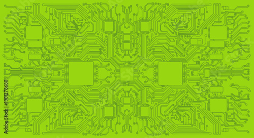 Green abstract electronic circuit board pattern with integrated circuits and microchips, flat design vector