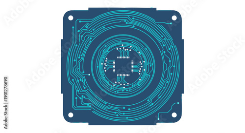 Abstract blue circuit board pattern with central microchip design, flat graphic illustration