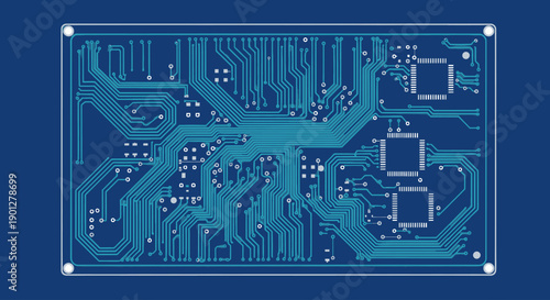 Abstract blue circuit board pattern with electronic components on dark blue background, flat design vector