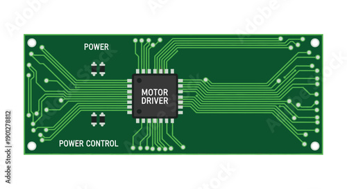 Green PCB with central integrated circuit chip labeled Motor Driver and electronic pathways