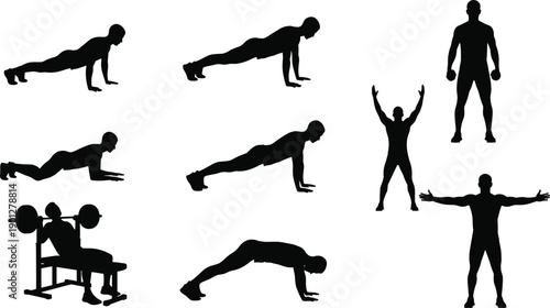 Silhouette set of men doing pushups and bench press exercises, fitness workout icons for chest day, bodyweight training, healthy lifestyle vector illustration