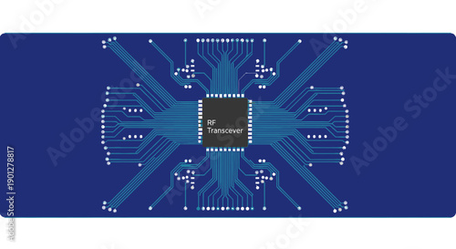 Central processor unit with radiating circuit lines on a blue background, flat design.