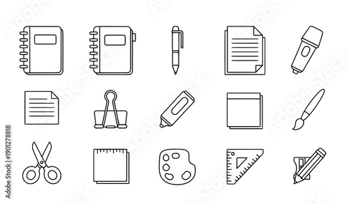 Rounded line stationery icon set with creative school and office tools for apps games and UI design