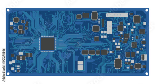 Blue PCB with Integrated Circuits and Electronic Components, Flat Design Vector