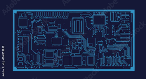 Abstract blue circuit board schematic with components and pathways, electronic schematic illustration