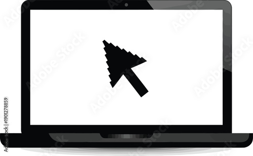 Black laptop computer vector illustration with pixelated cursor arrow pointing on transparent screen display background