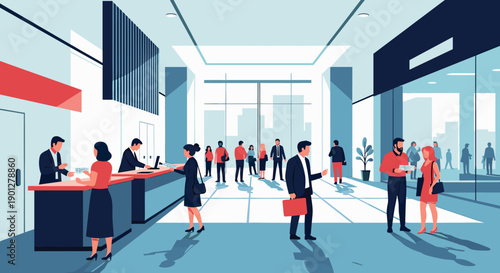 Business people interacting in a modern office lobby, with a bright, spacious interior and a cityscape visible through large windows.