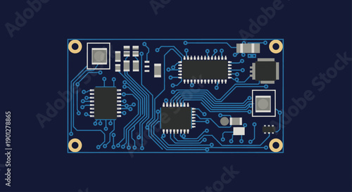Electronic circuit board with microchips and components, flat design style