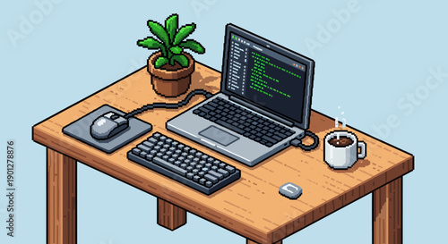 Pixel art isometric workspace with a laptop, keyboard, and mouse on a wooden desk, featuring a potted plant and a steaming coffee mug, against a light blue background.