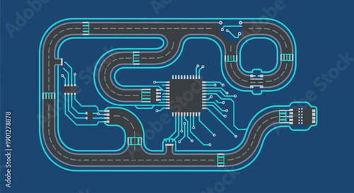 Circuit board pathways and integrated circuit chip on blue background, flat design vector