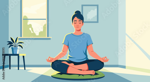 Young woman meditating peacefully in a comfortable lotus position inside a bright, minimalist room with natural light streaming through the window.