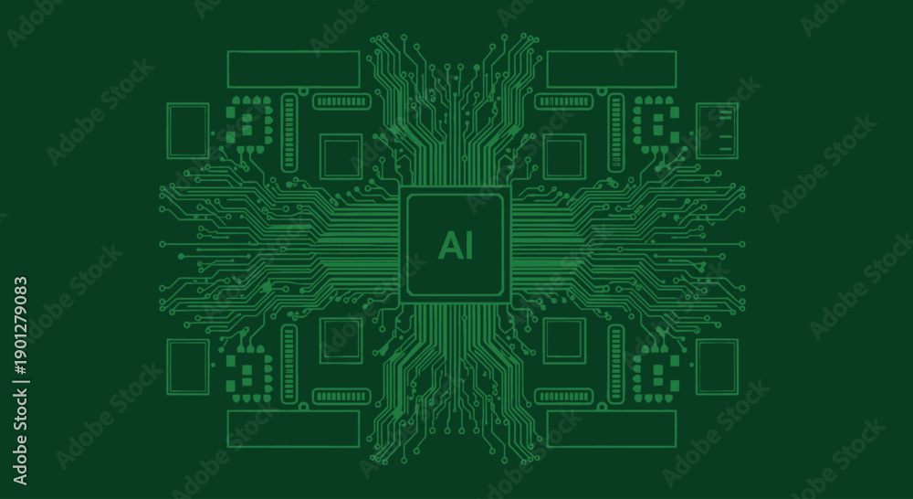Fototapeta premium Central AI chip with connected circuit board traces and components, green on dark green background
