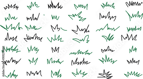 Grass line doodle. Outline grassland or meadow sketch, simple field design. Black grass brush stroke hand drawn texture for garden pattern or lawn. Herb marker vector isolated element