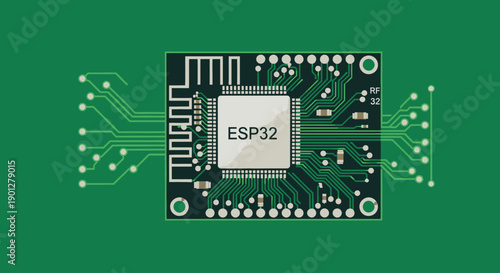 Electronic circuit board with ESP32 chip and radiating traces on green background, flat design vector illustration
