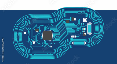 Stylized electronic circuit board with integrated circuit and components on dark blue background