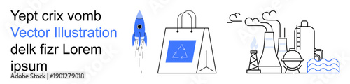 Space exploration, e-commerce, industry, eco-awareness, innovation, technology. Blue rocket launching, shopping bag icon industrial factory outline. Space exploration and e-commerce concepts