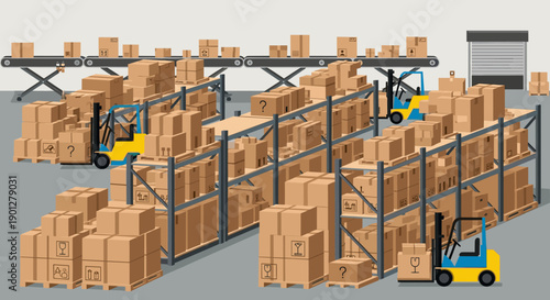 Large warehouse filled with cardboard boxes and forklifts operating efficiently among tall storage racks and a conveyor belt system.