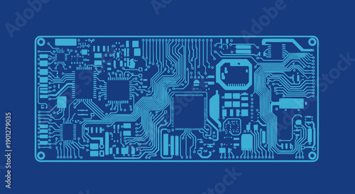 Blue electronic circuit board schematic with many components and connections on a dark blue background.