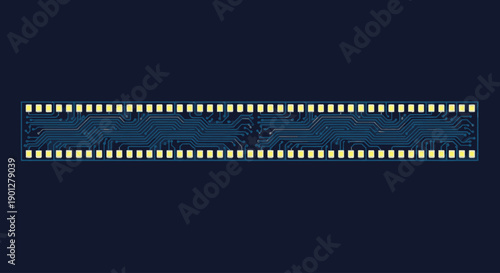 Circuit board pattern with electronic components on dark blue background, flat design vector