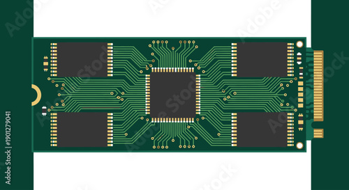 Green circuit board with black chips and gold connector, electronic component schematic, flat design vector.