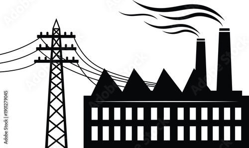 Industrial factory and electric power tower vector illustration featuring smoke stacks and transmission lines in black flat style for energy infrastructure design