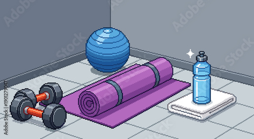 Fitness equipment including dumbbells, yoga mat, exercise ball, and a water bottle are neatly arranged on a tiled floor in a pixel art style.