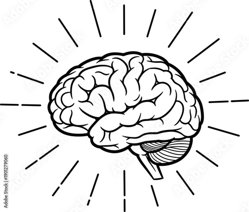 Human brain vector illustration featuring a side view of the anatomy with light rays for creative thinking and medical intelligence concepts.