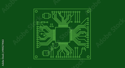 Outline of a central processing unit on a green background, digital circuit board illustration.