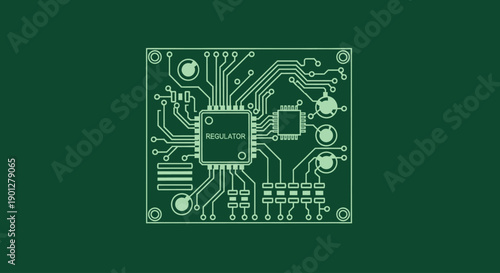 Vector illustration of a printed circuit board with integrated circuit chips and components on a dark green background.