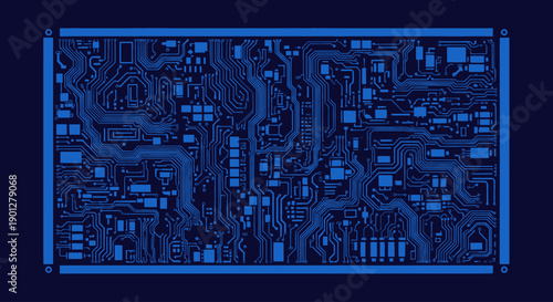 Abstract blue circuit board pattern with intricate lines and rectangular components on dark background.