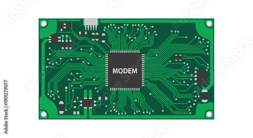 Green circuit board with central chip labeled MODEM, electronic components, and traces.