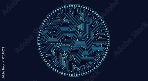 Circular electronic circuit board pattern with glowing connections on dark background, flat design vector.