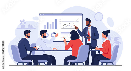 Business team analyzing financial data during a productive meeting, discussing strategies and future plans within a modern office setting.