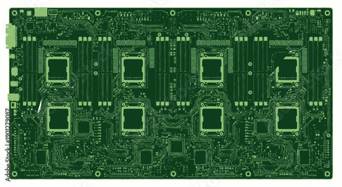 Green electronic circuit board with multiple square processors and intricate connections, vector