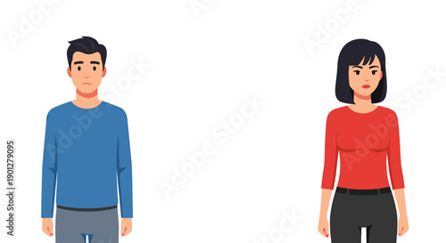 Man and woman standing apart with sad expressions, depicting a concept of emotional distance and communication breakdown on a white background.