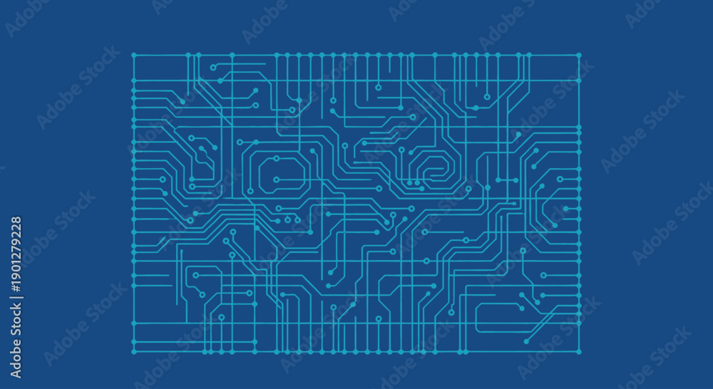 Fototapeta premium Blue circuit board pattern with intricate lines and connections on a dark blue background, vector illustration.