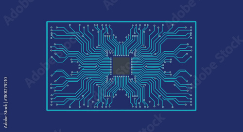 Blue circuit board pattern with central processor chip on dark blue background, flat design vector.