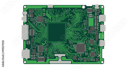 Green PCB with intricate circuitry, central processor, and multiple components on white background