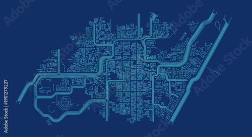 Blueprint style abstract city map with waterways and intricate street network on dark blue background
