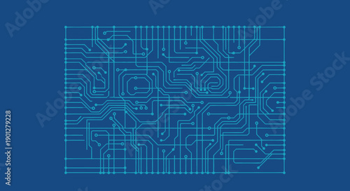 Blue circuit board pattern with intricate lines and connections on a dark blue background, vector illustration.