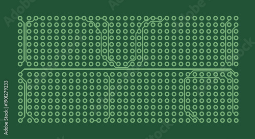 Green circuit board pattern with rows of holes and connecting lines, flat design