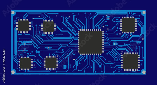 Blue circuit board with multiple black chipsets and intricate pathways, flat design vector