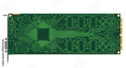 Green circuit board with central microchip and memory modules, electronic technology vector