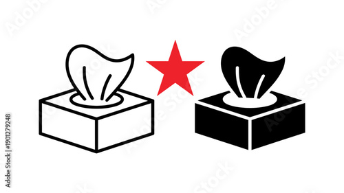 A minimalist vector graphic illustration of two tissue boxes with a red star